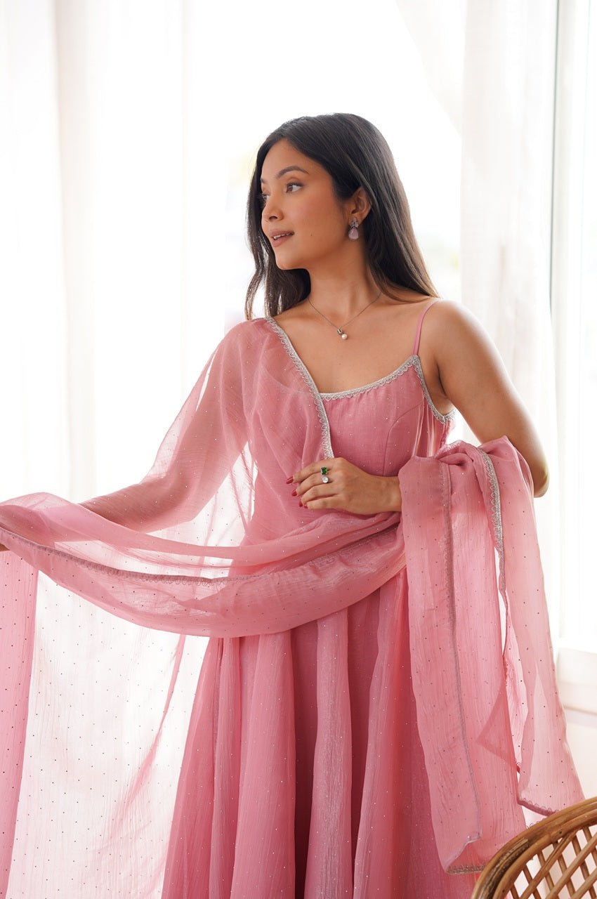 Elegant Rose Gold Crunchy Silk Anarkali Gown Set Elegant Rose Gold Crunchy Silk Anarkali Gown Set