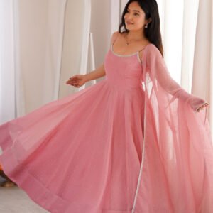 Elegant Rose Gold Crunchy Silk Anarkali Gown Set