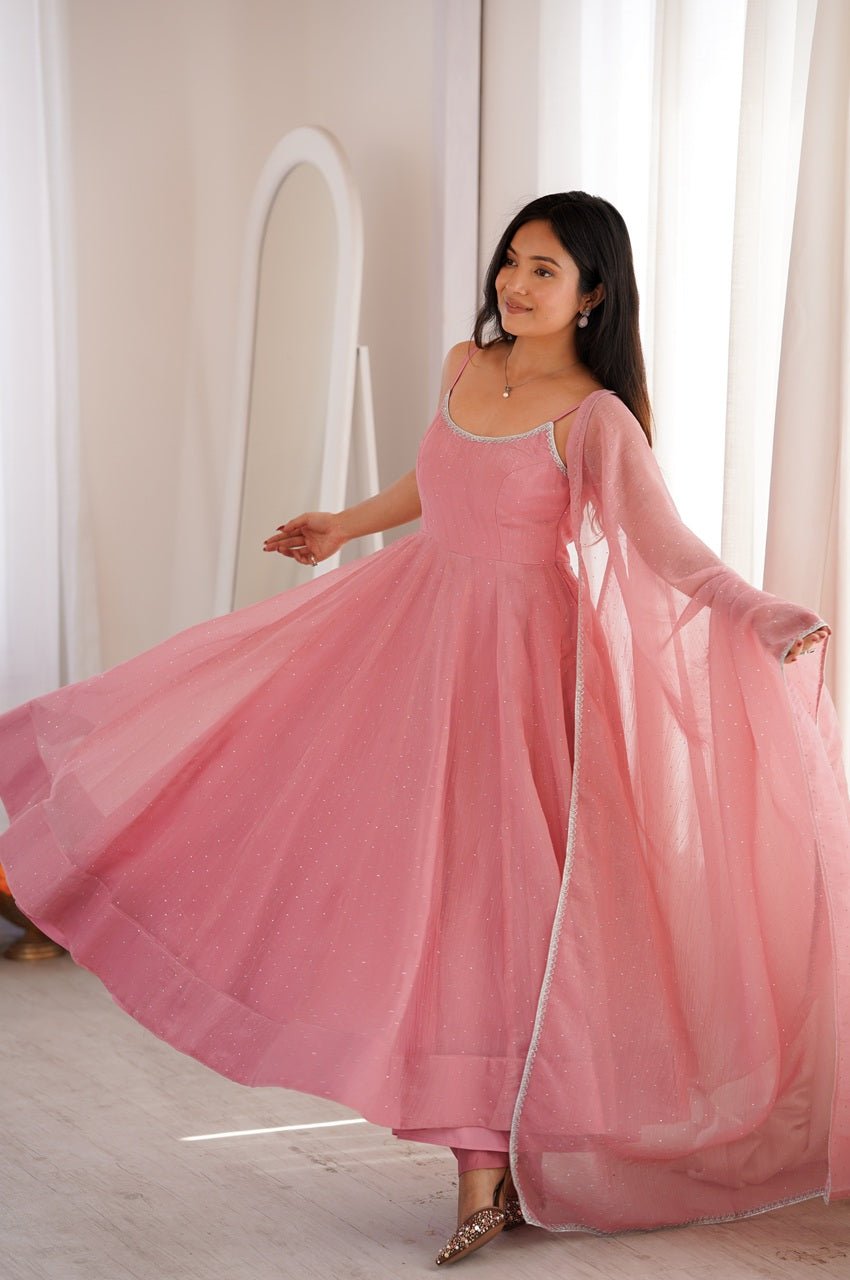 Elegant Rose Gold Crunchy Silk Anarkali Gown Set Elegant Rose Gold Crunchy Silk Anarkali Gown Set