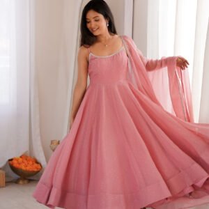 Elegant Rose Gold Crunchy Silk Anarkali Gown Set