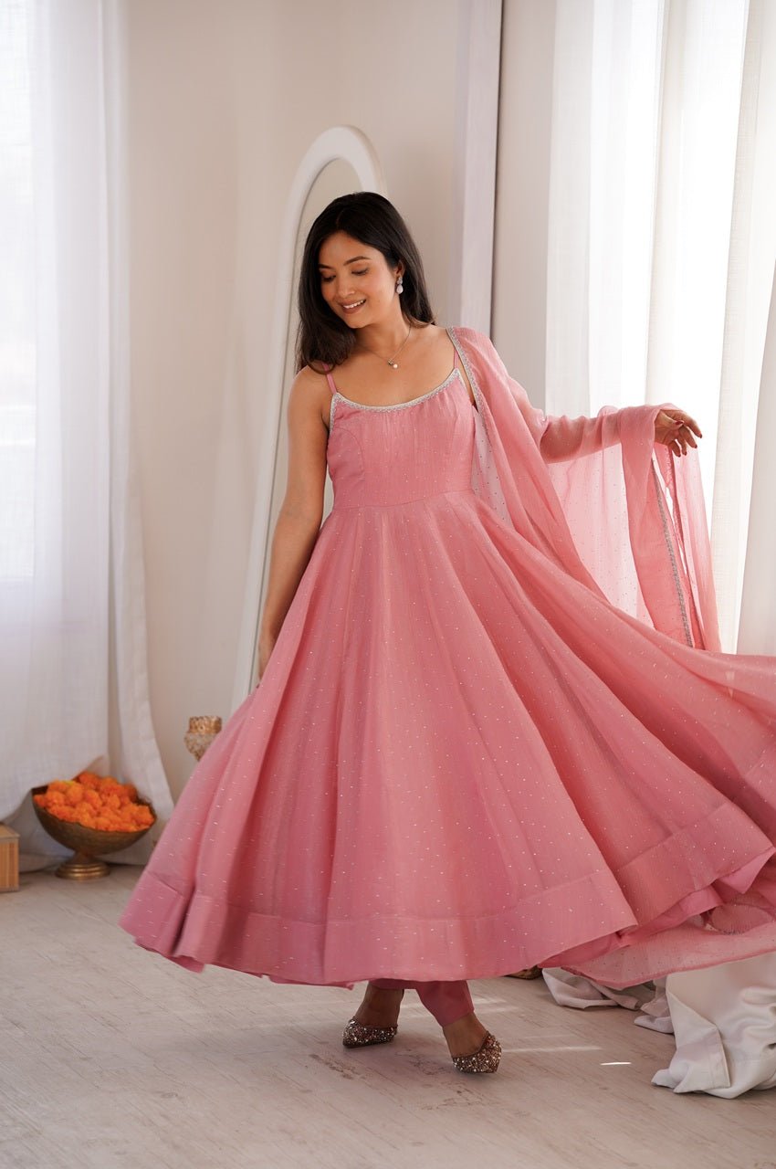 Elegant Rose Gold Crunchy Silk Anarkali Gown Set Elegant Rose Gold Crunchy Silk Anarkali Gown Set