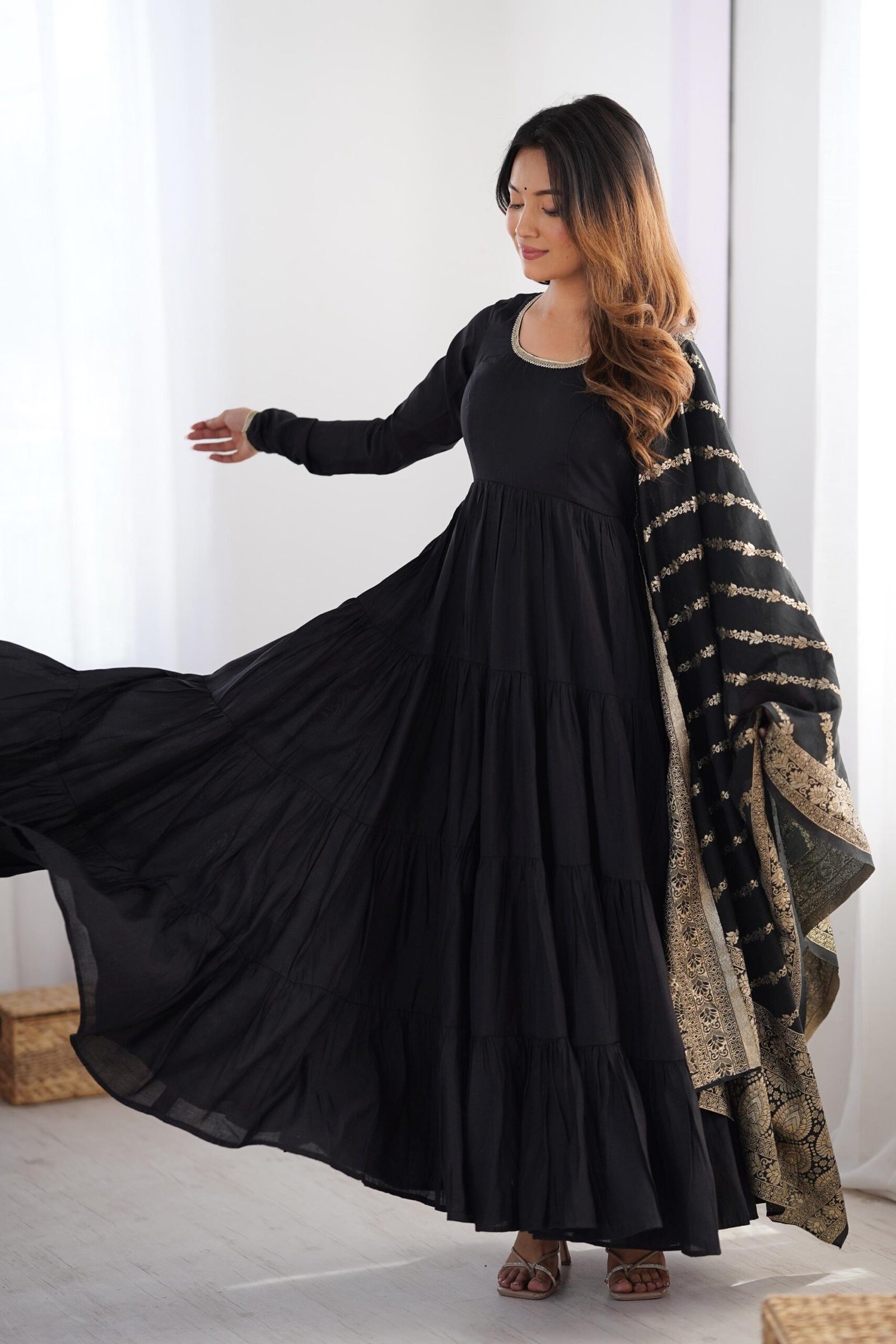 Black Roman Silk Four-Layer Anarkali Gown Set Black Roman Silk Four-Layer Anarkali Gown Set