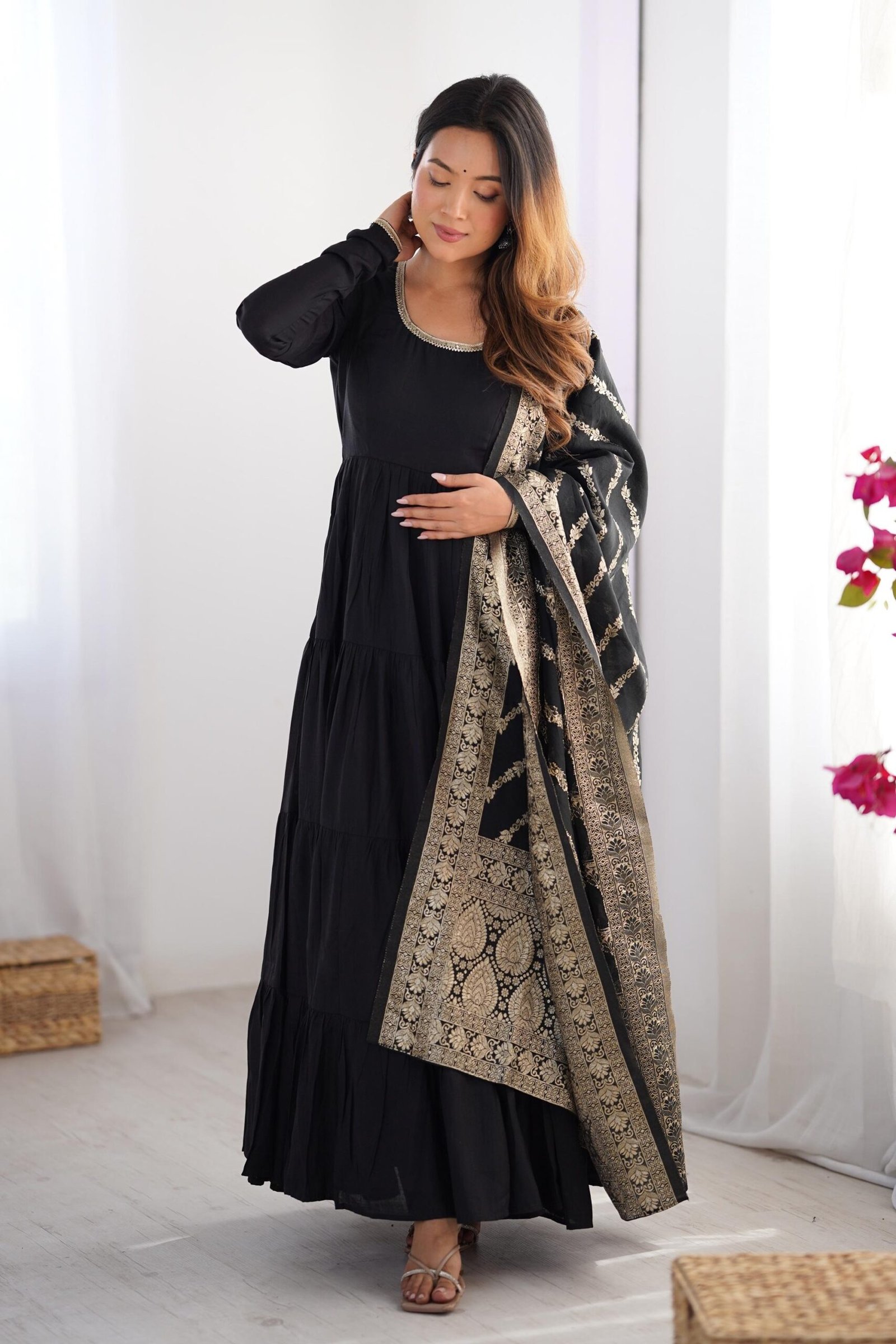 Black Roman Silk Four-Layer Anarkali Gown Set Black Roman Silk Four-Layer Anarkali Gown Set