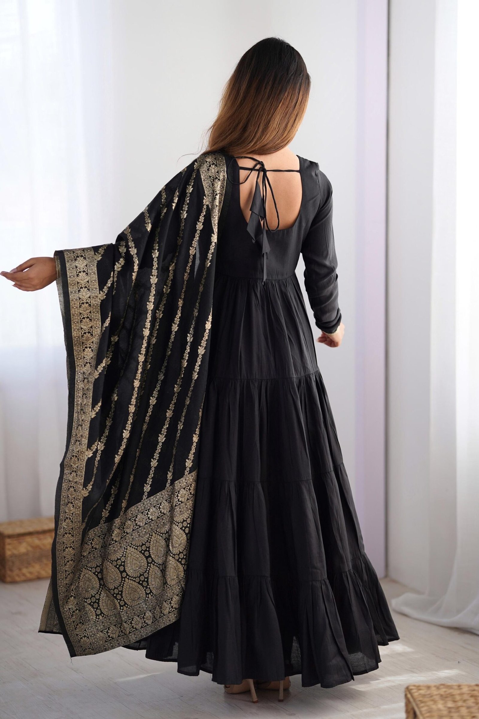 Black Roman Silk Four-Layer Anarkali Gown Set Black Roman Silk Four-Layer Anarkali Gown Set