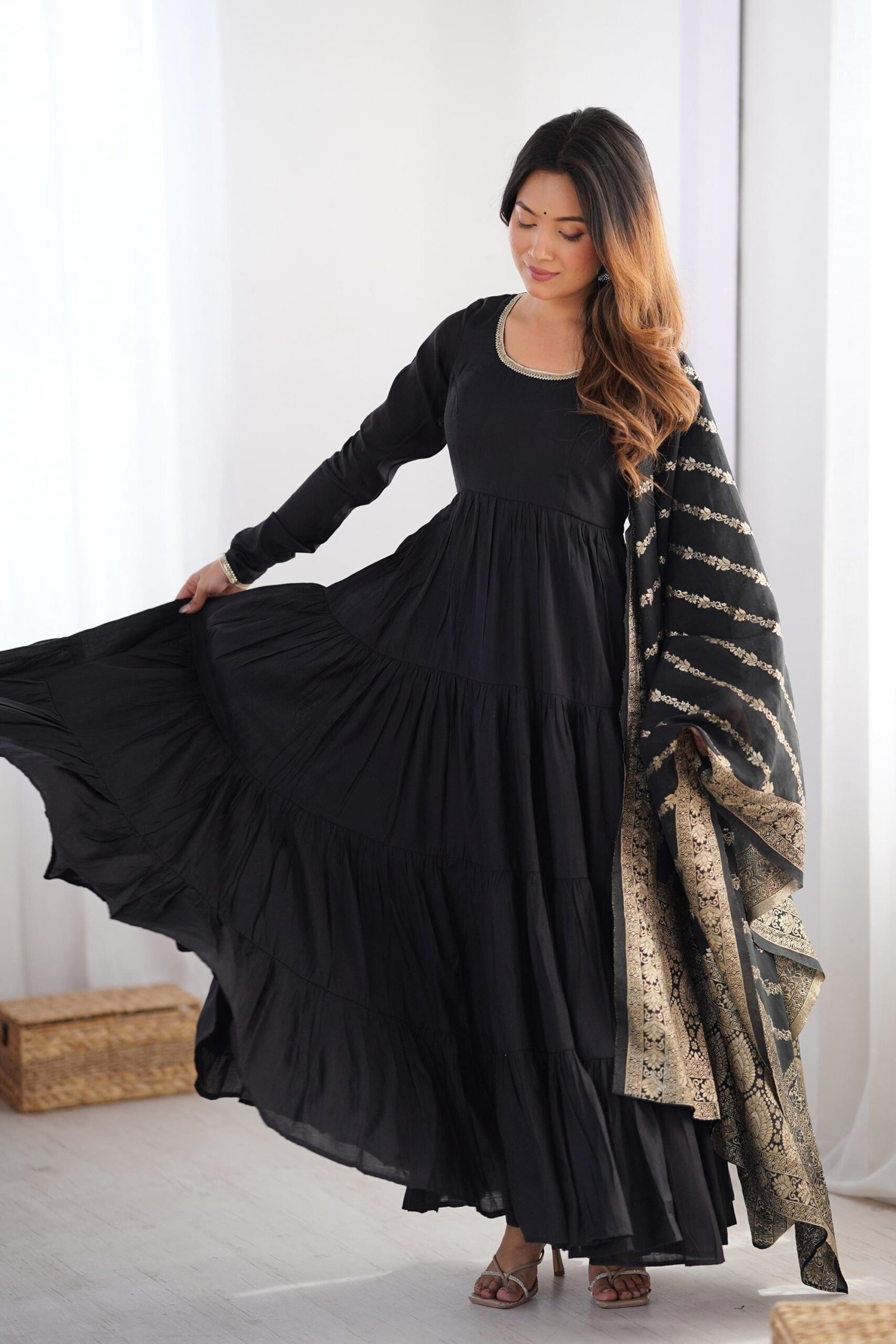 Black Roman Silk Four-Layer Anarkali Gown Set Black Roman Silk Four-Layer Anarkali Gown Set