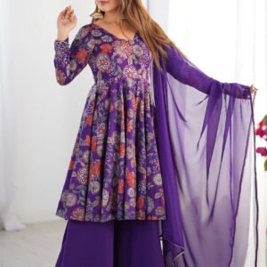Premium Purple Floral Printed Chanderi Silk Kurta Kediya Palazzo Set with Organza Dupatta