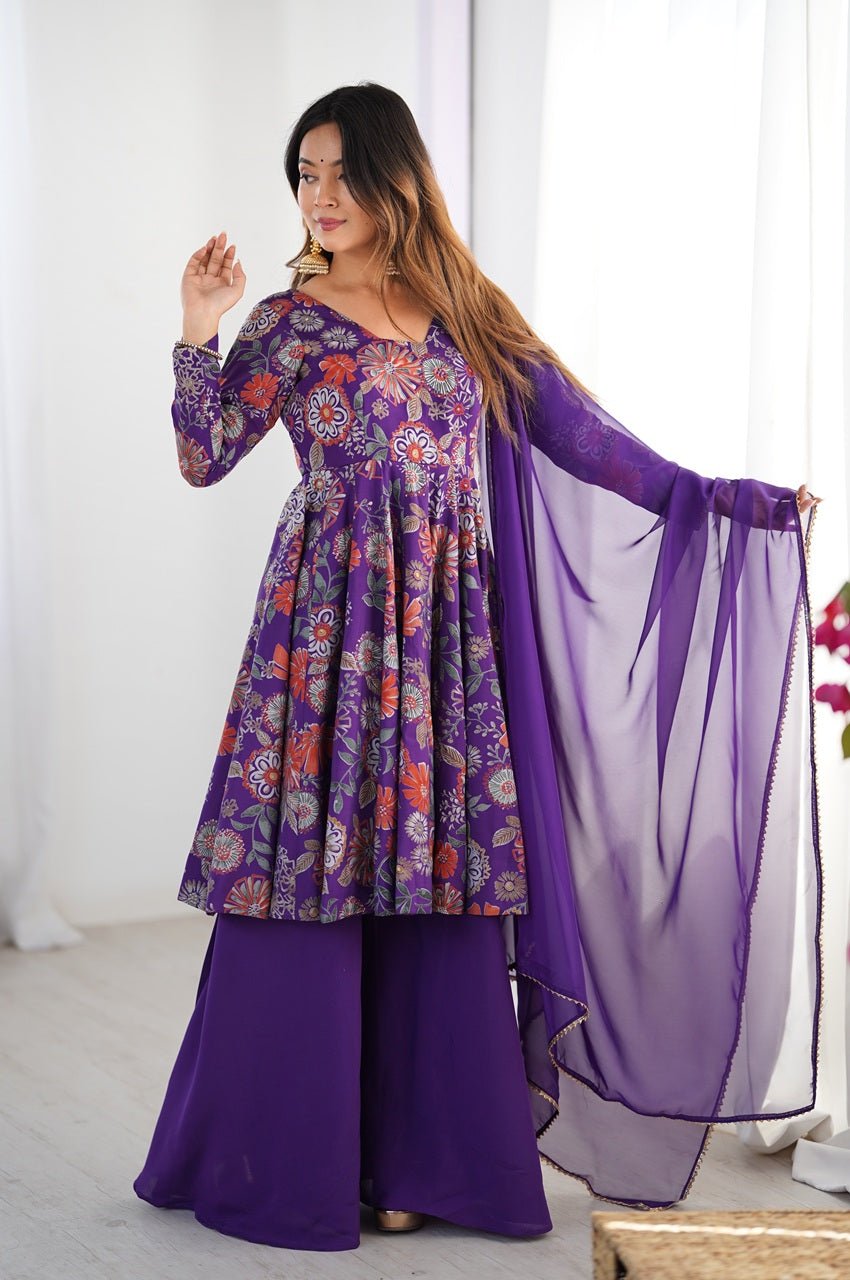Premium Purple Floral Printed Chanderi Silk Kurta Kediya Palazzo Set with Organza Dupatta Premium Purple Floral Printed Chanderi Silk Kurta Kediya Palazzo Set with Organza Dupatta
