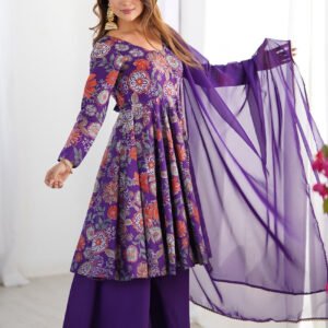 Premium Purple Floral Printed Chanderi Silk Kurta Kediya Palazzo Set with Organza Dupatta