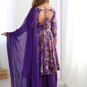 Premium Purple Floral Printed Chanderi Silk Kurta Kediya Palazzo Set with Organza Dupatta