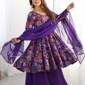 Premium Purple Floral Printed Chanderi Silk Kurta Kediya Palazzo Set with Organza Dupatta