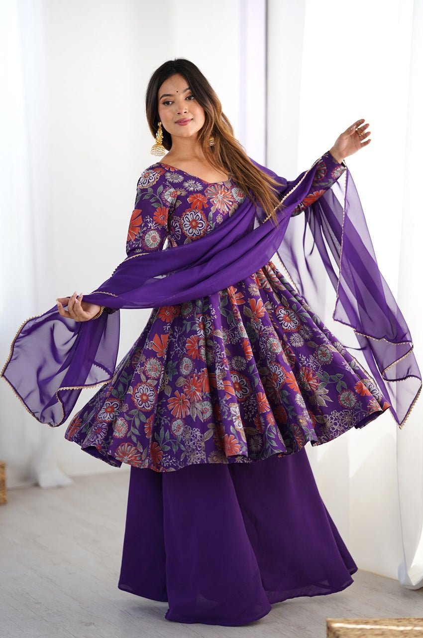 Premium Purple Floral Printed Chanderi Silk Kurta Kediya Palazzo Set with Organza Dupatta Premium Purple Floral Printed Chanderi Silk Kurta Kediya Palazzo Set with Organza Dupatta