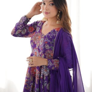 Premium Purple Floral Printed Chanderi Silk Kurta Kediya Palazzo Set with Organza Dupatta