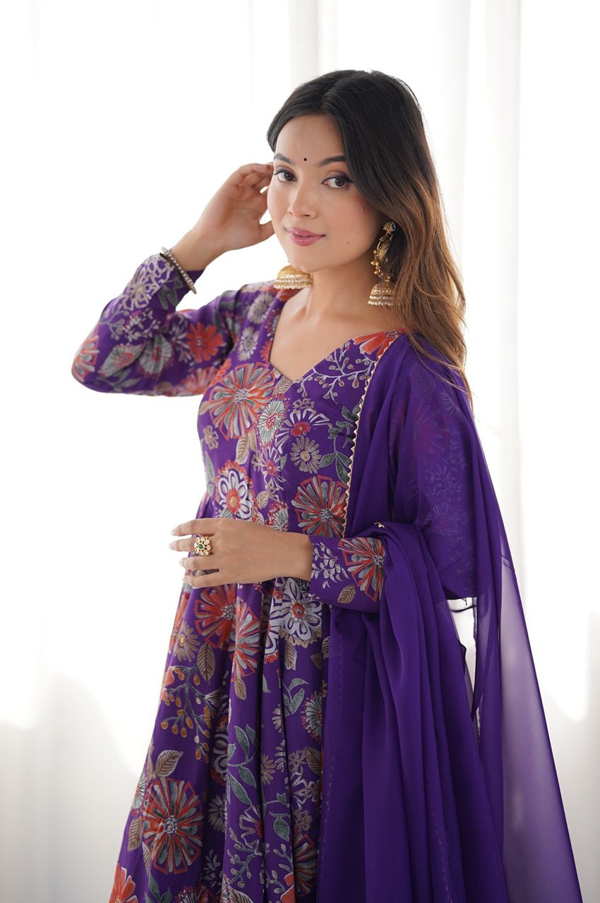 Premium Purple Floral Printed Chanderi Silk Kurta Kediya Palazzo Set with Organza Dupatta Premium Purple Floral Printed Chanderi Silk Kurta Kediya Palazzo Set with Organza Dupatta