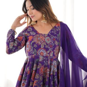 Premium Purple Floral Printed Chanderi Silk Kurta Kediya Palazzo Set with Organza Dupatta