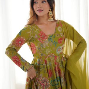 Premium Mehndi Green Floral Printed Chanderi Silk Kurta Kediya Palazzo Set with Organza Dupatta