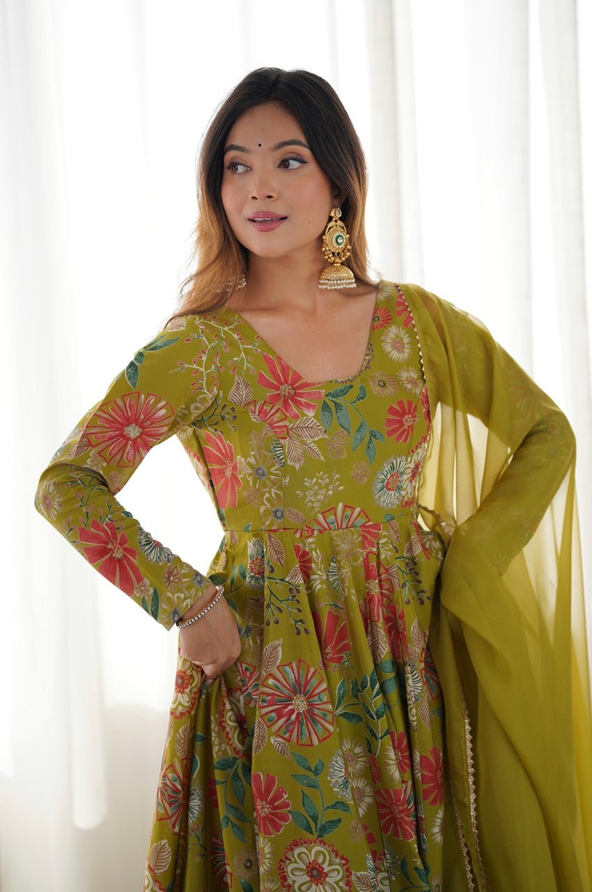 Premium Mehndi Green Floral Printed Chanderi Silk Kurta Kediya Palazzo Set with Organza Dupatta Premium Mehndi Green Floral Printed Chanderi Silk Kurta Kediya Palazzo Set with Organza Dupatta
