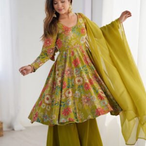 Premium Mehndi Green Floral Printed Chanderi Silk Kurta Kediya Palazzo Set with Organza Dupatta