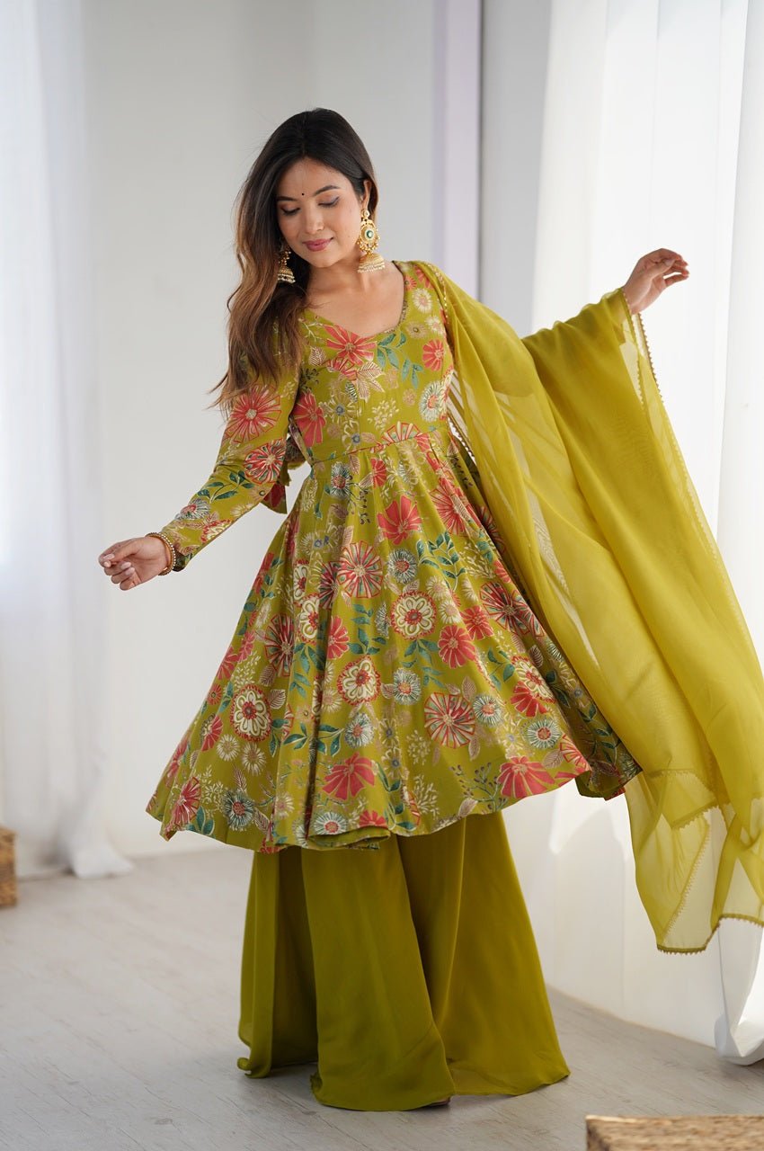 Premium Mehndi Green Floral Printed Chanderi Silk Kurta Kediya Palazzo Set with Organza Dupatta Premium Mehndi Green Floral Printed Chanderi Silk Kurta Kediya Palazzo Set with Organza Dupatta