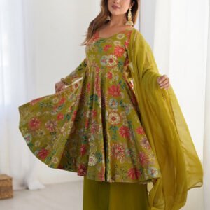 Premium Mehndi Green Floral Printed Chanderi Silk Kurta Kediya Palazzo Set with Organza Dupatta