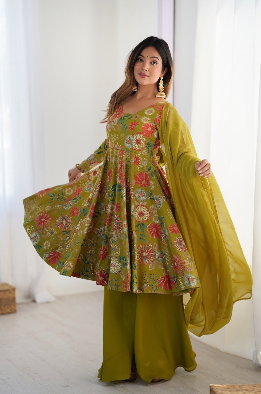 Premium Mehndi Green Floral Printed Chanderi Silk Kurta Kediya Palazzo Set with Organza Dupatta Premium Mehndi Green Floral Printed Chanderi Silk Kurta Kediya Palazzo Set with Organza Dupatta