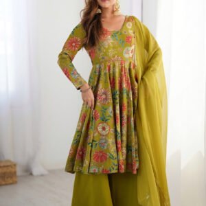 Premium Mehndi Green Floral Printed Chanderi Silk Kurta Kediya Palazzo Set with Organza Dupatta