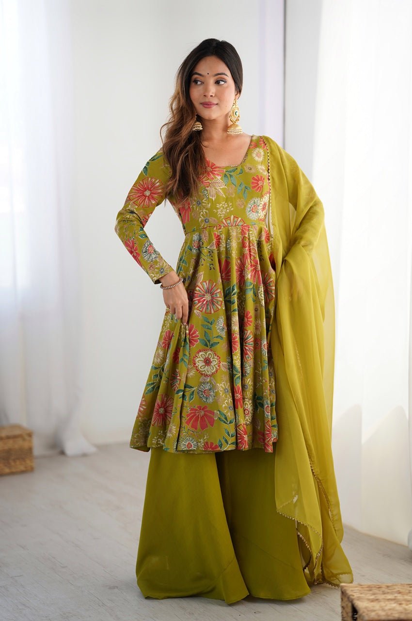 Premium Mehndi Green Floral Printed Chanderi Silk Kurta Kediya Palazzo Set with Organza Dupatta Premium Mehndi Green Floral Printed Chanderi Silk Kurta Kediya Palazzo Set with Organza Dupatta