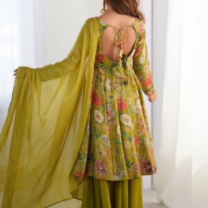 Premium Mehndi Green Floral Printed Chanderi Silk Kurta Kediya Palazzo Set with Organza Dupatta