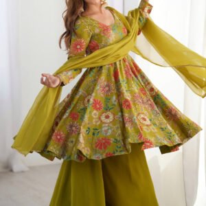 Premium Mehndi Green Floral Printed Chanderi Silk Kurta Kediya Palazzo Set with Organza Dupatta