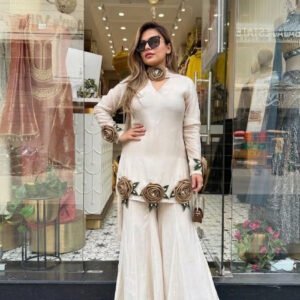 Apple White Roman Silk Hand Flower Embroidered Kurti Palazzo Set with Dupatta