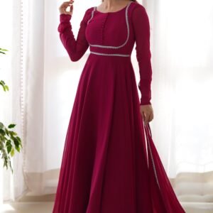 Upgrade Your Wardrobe with the Exquisite Wine Color Designer Yoke Neck Gown with Dupatta