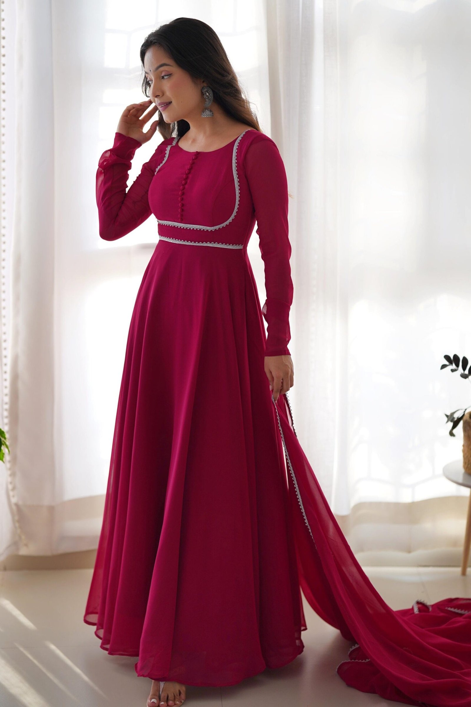 Upgrade Your Wardrobe with the Exquisite Wine Color Designer Yoke Neck Gown with Dupatta Upgrade Your Wardrobe with the Exquisite Wine Color Designer Yoke Neck Gown with Dupatta