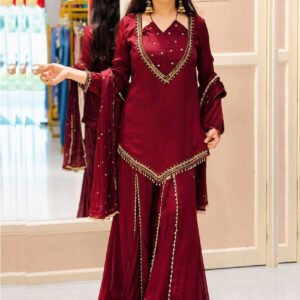 Ruby Red Roman Glass Mirror Work Kurta Palazzo Set with Chanderi Dupatta