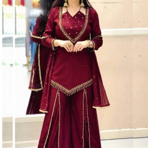 Ruby Red Roman Glass Mirror Work Kurta Palazzo Set with Chanderi Dupatta