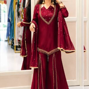 Ruby Red Roman Glass Mirror Work Kurta Palazzo Set with Chanderi Dupatta