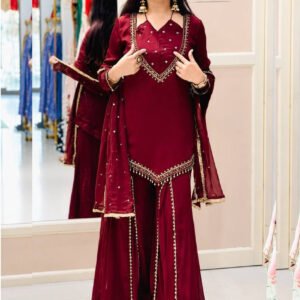 Ruby Red Roman Glass Mirror Work Kurta Palazzo Set with Chanderi Dupatta