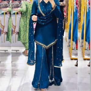 Regal Blue Roman Glass Mirror Work Kurta Palazzo Set with Chanderi Dupatta