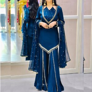 Regal Blue Roman Glass Mirror Work Kurta Palazzo Set with Chanderi Dupatta