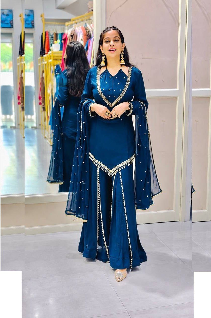 Regal Blue Roman Glass Mirror Work Kurta Palazzo Set with Chanderi Dupatta Regal Blue Roman Glass Mirror Work Kurta Palazzo Set with Chanderi Dupatta