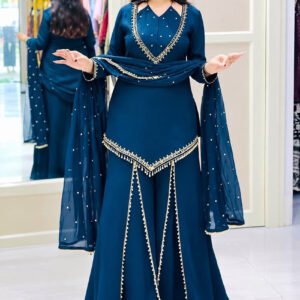 Regal Blue Roman Glass Mirror Work Kurta Palazzo Set with Chanderi Dupatta