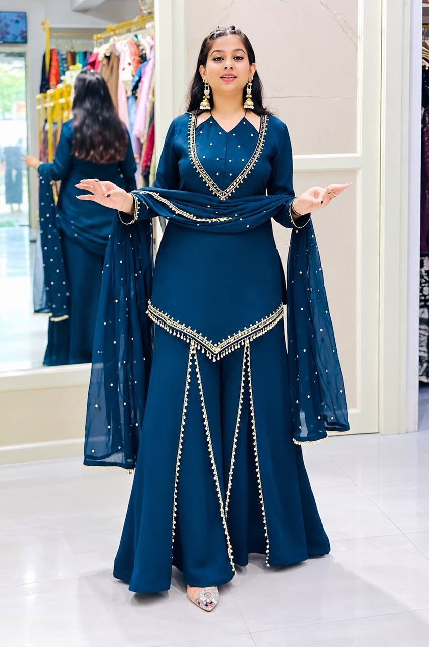 Regal Blue Roman Glass Mirror Work Kurta Palazzo Set with Chanderi Dupatta Regal Blue Roman Glass Mirror Work Kurta Palazzo Set with Chanderi Dupatta