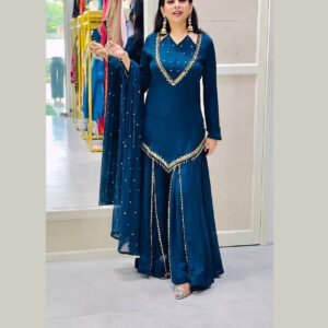 Regal Blue Roman Glass Mirror Work Kurta Palazzo Set with Chanderi Dupatta