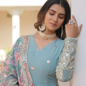 Sky Blue Heavy Embroidery Work Gown with Dupatta