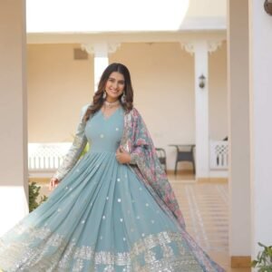 Sky Blue Heavy Embroidery Work Gown with Dupatta