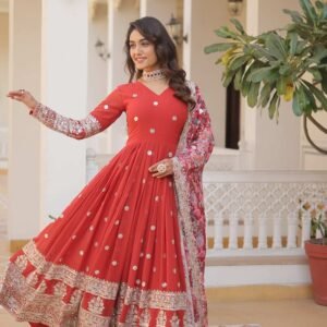 Orange Heavy Embroidery Work Gown with Dupatta
