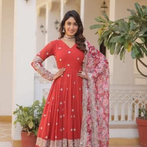 Orange Heavy Embroidery Work Gown with Dupatta