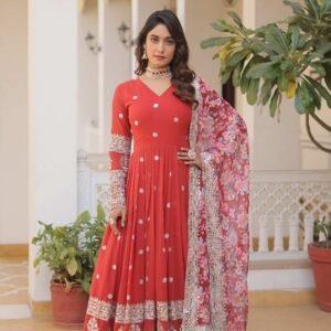Orange Heavy Embroidery Work Gown with Dupatta