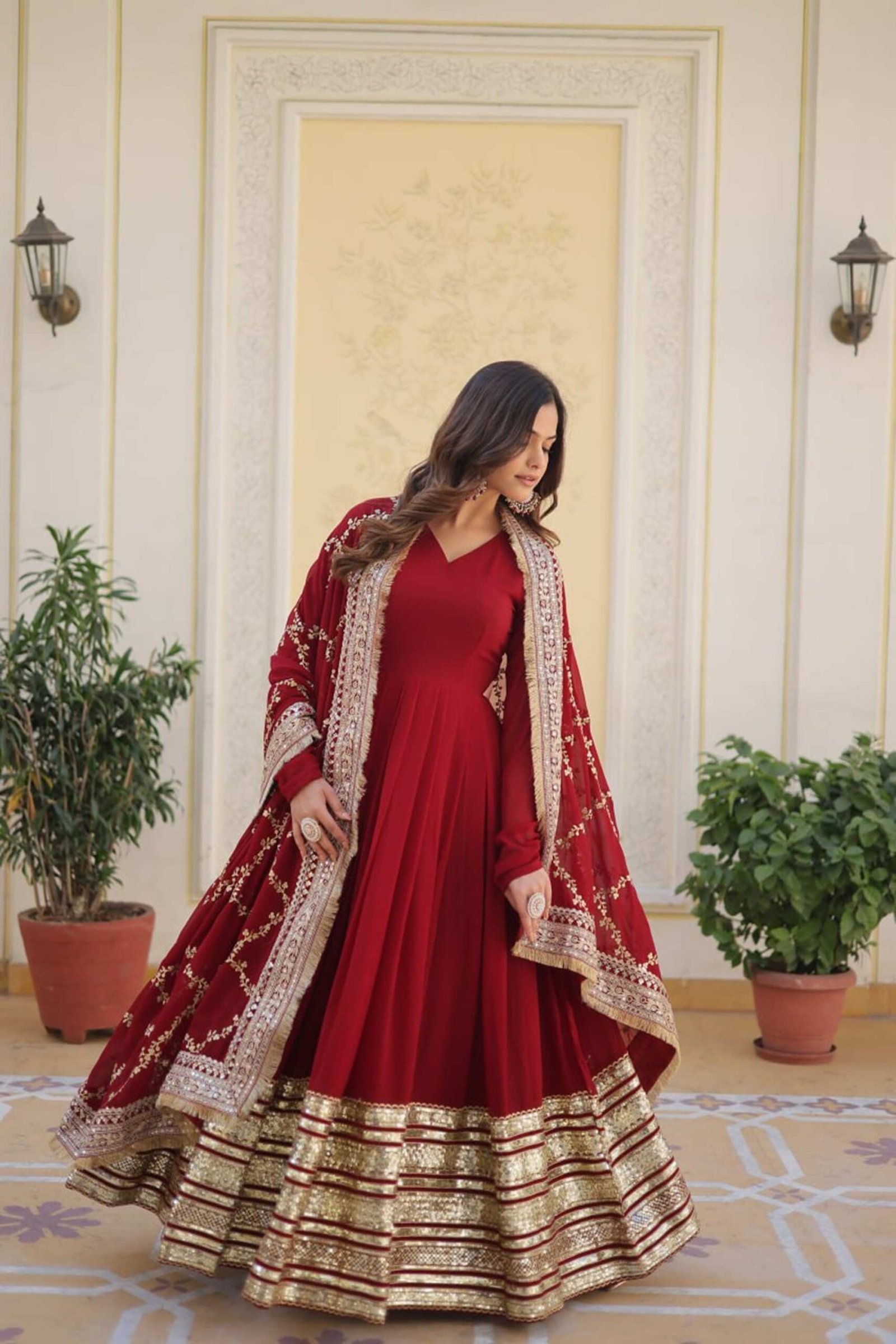 Luxurious Maroon Heavy Designer Gown with Dupatta Luxurious Maroon Heavy Designer Gown with Dupatta