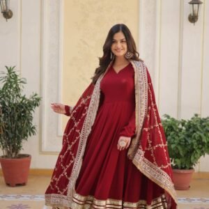 Luxurious Maroon Heavy Designer Gown with Dupatta