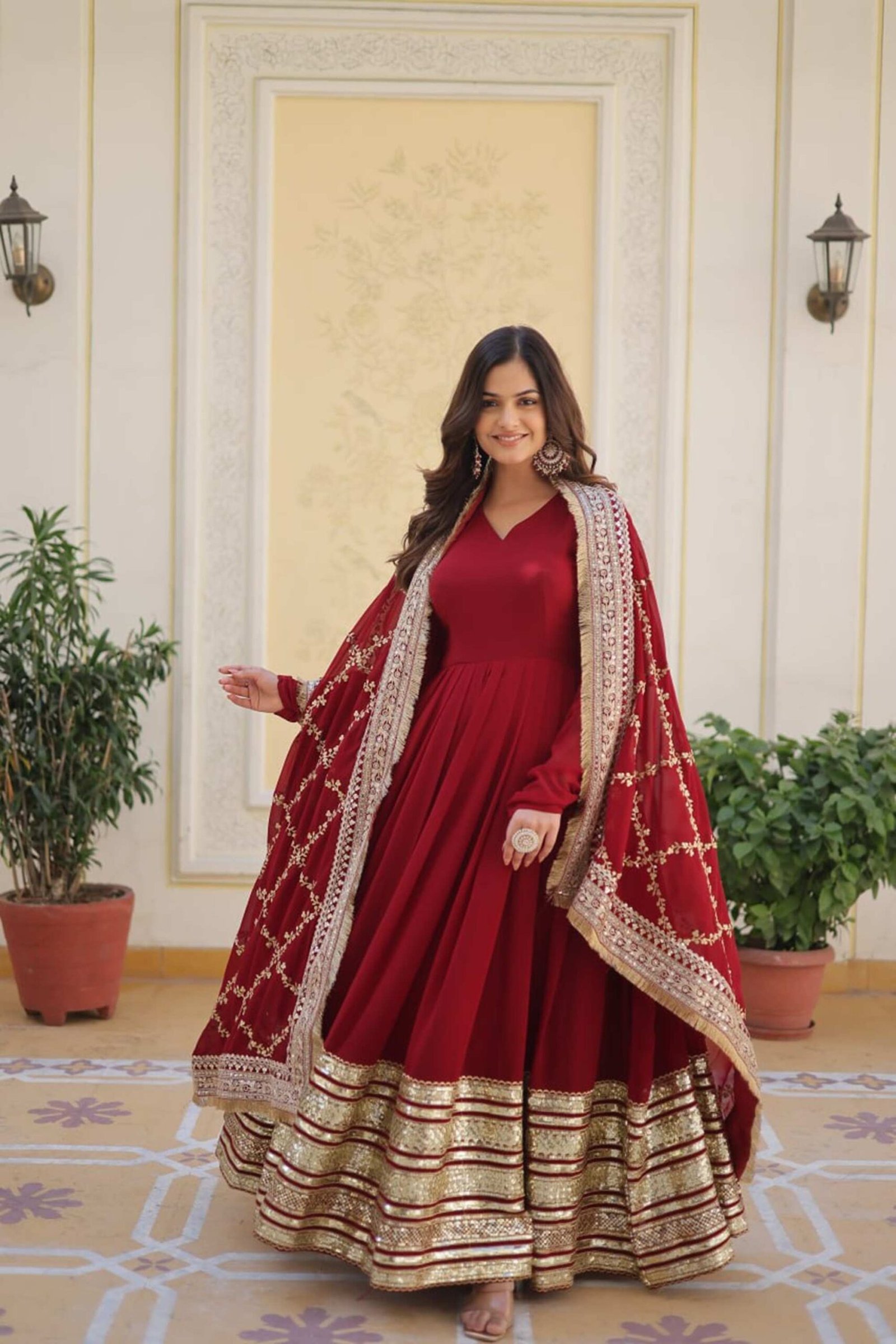 Luxurious Maroon Heavy Designer Gown with Dupatta Luxurious Maroon Heavy Designer Gown with Dupatta