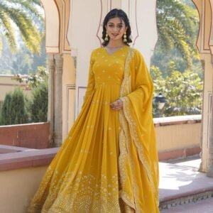 Yellow Wedding Wear Heavy Sequence Work Gown with Dupatta